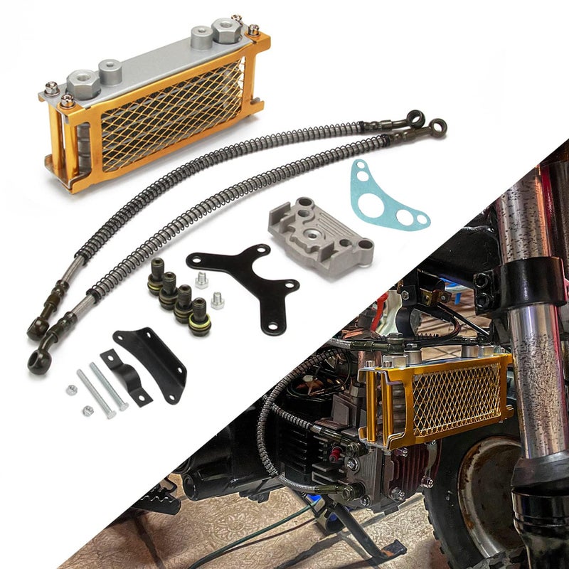 USTPO Motorcycle Oil Cooler Cooling Radiator Engine Kit Universal for CRF XR KLX 50 70 90 110 125 140cc SSR Taotao Coolster Kayo Apollo Dirt Pit Bike ATV Gold - Image 1